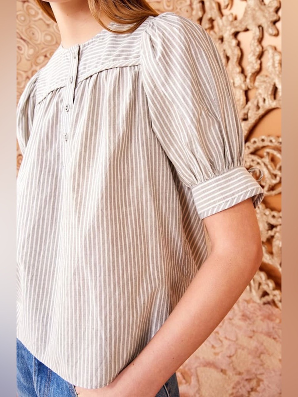 Ulla Johnson Mira Top Ash Striped Puff Sleeve Blouse Light Gray White Stripe